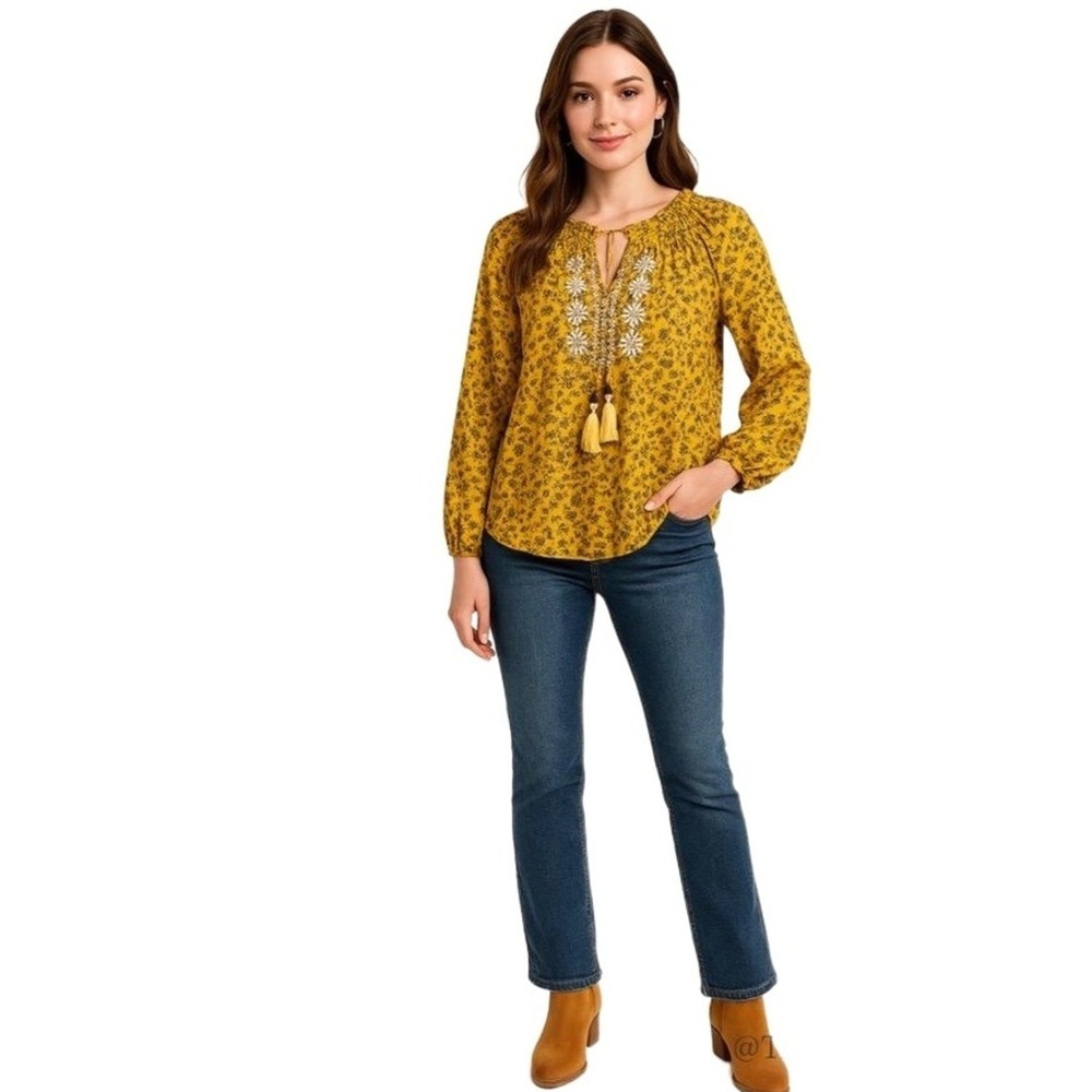 Mason & Belle Blouse Womans Medium‎ Mustard Floral Embroidered Long Sleeve Boho